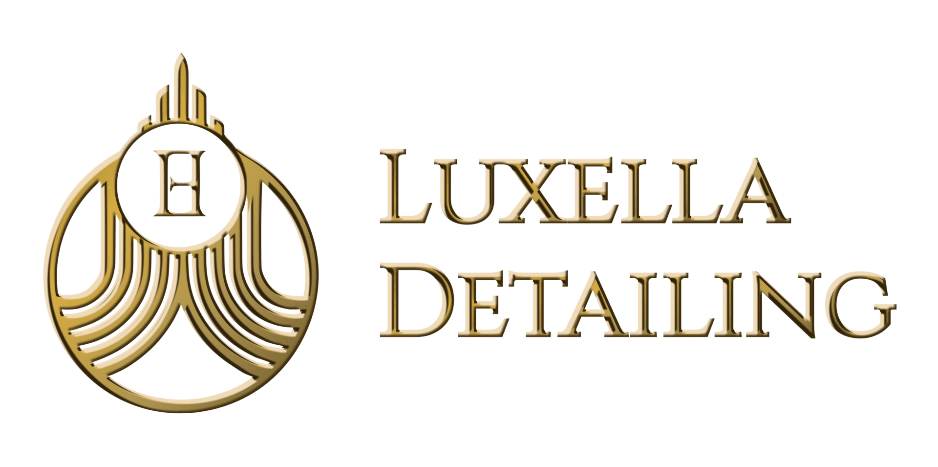 A gold logo that says luxello detailing